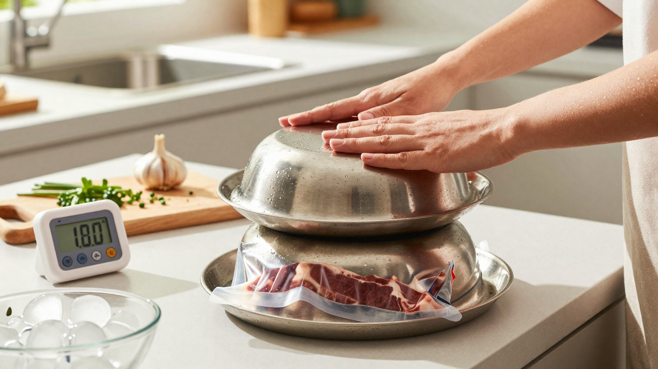 Mãos pressionando tigelas de inox sobre carne selada a vácuo em bancada de cozinha com temporizador digital.