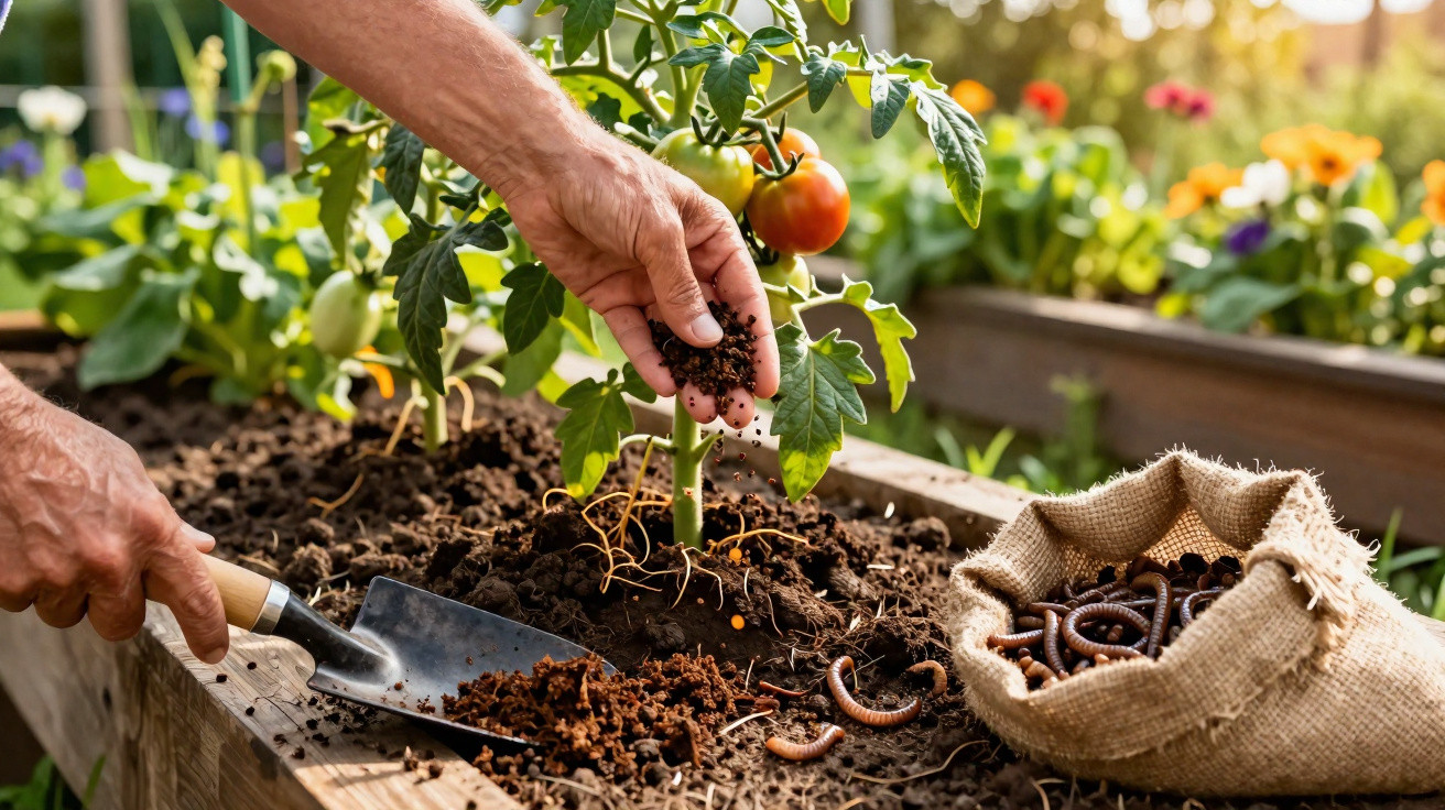Mãos espalhando terra ao redor de planta de tomate em canteiro com minhocas em saco de juta ao lado.