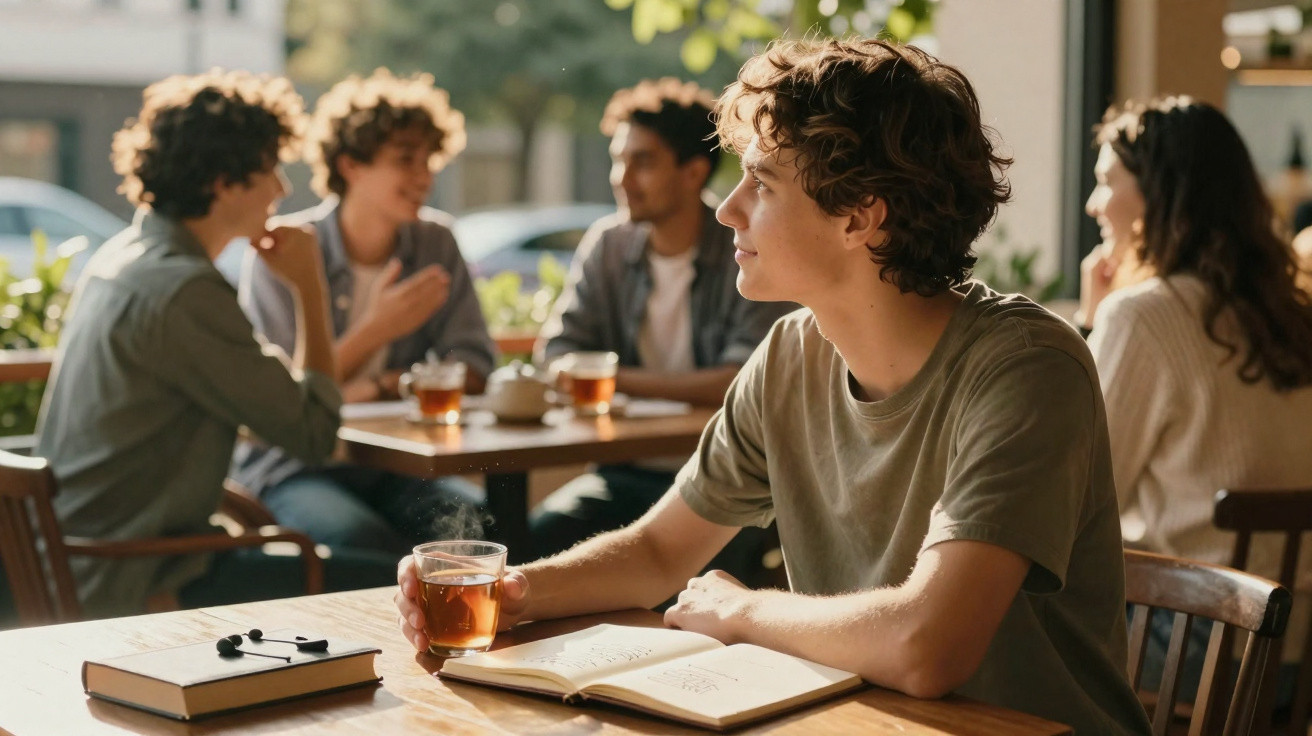 Jovem com copo de chá e caderno aberto sentado em mesa de café, com grupo conversando ao fundo.