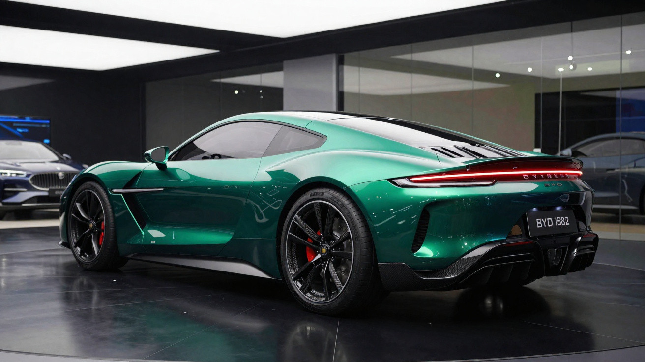 Carro esportivo verde metálico com design aerodinâmico em exibição em showroom moderno.
