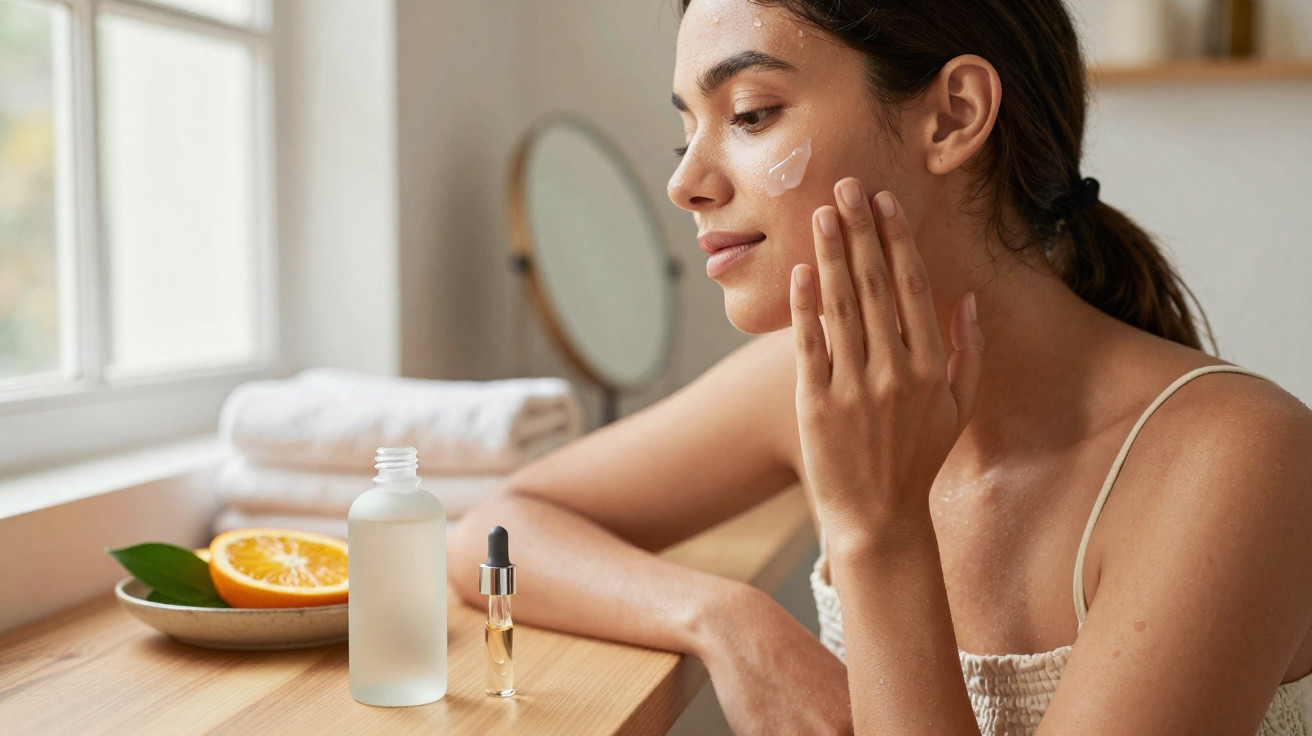 Mulher aplicando creme no rosto sentada à mesa com produtos de skincare e laranja cortada ao lado.