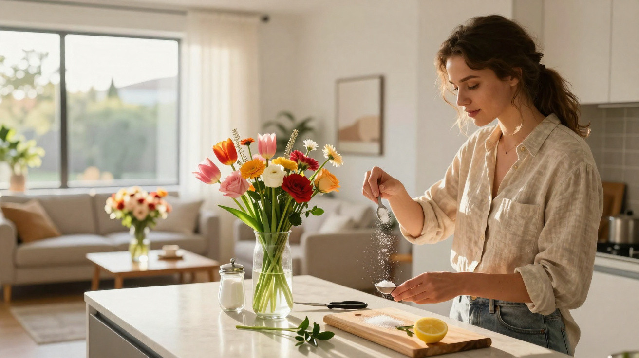 Mulher em cozinha iluminada colocando sal na colher, com vaso de flores coloridas sobre bancada branca.