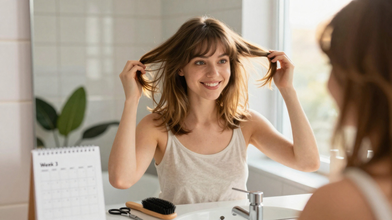 Jovem sorridente ajusta o cabelo em frente ao espelho no banheiro iluminado, com calendário na mesa.