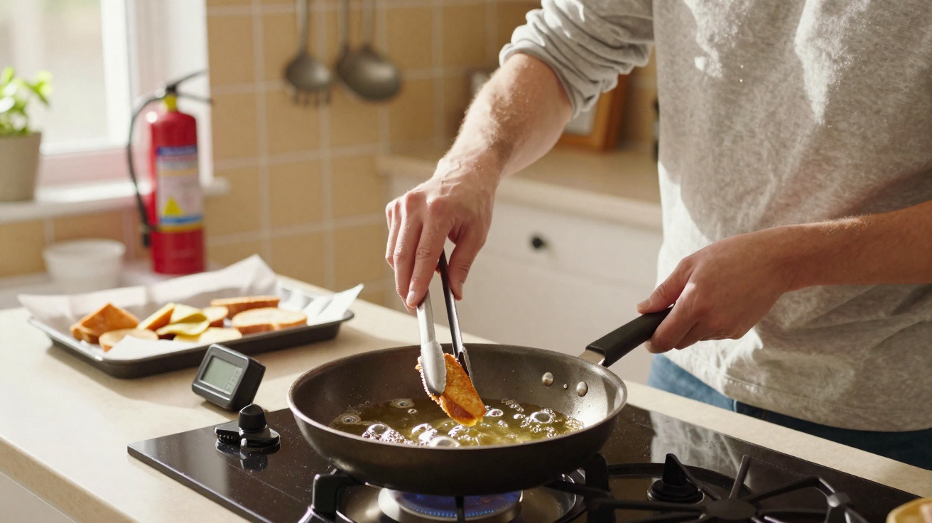 Pessoa fritando pedaço de alimento em frigideira com óleo em cozinha doméstica.