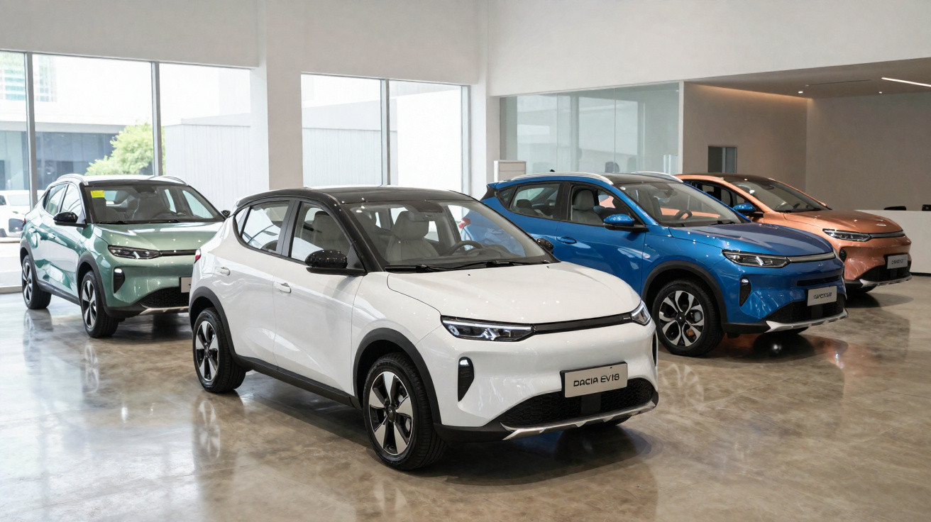 Quatro carros elétricos Dacia EV sendo exibidos em um showroom iluminado e moderno.