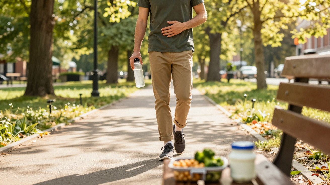 Homem caminhando em parque com garrafa de água em mão, próximo a banco com lanche saudável.