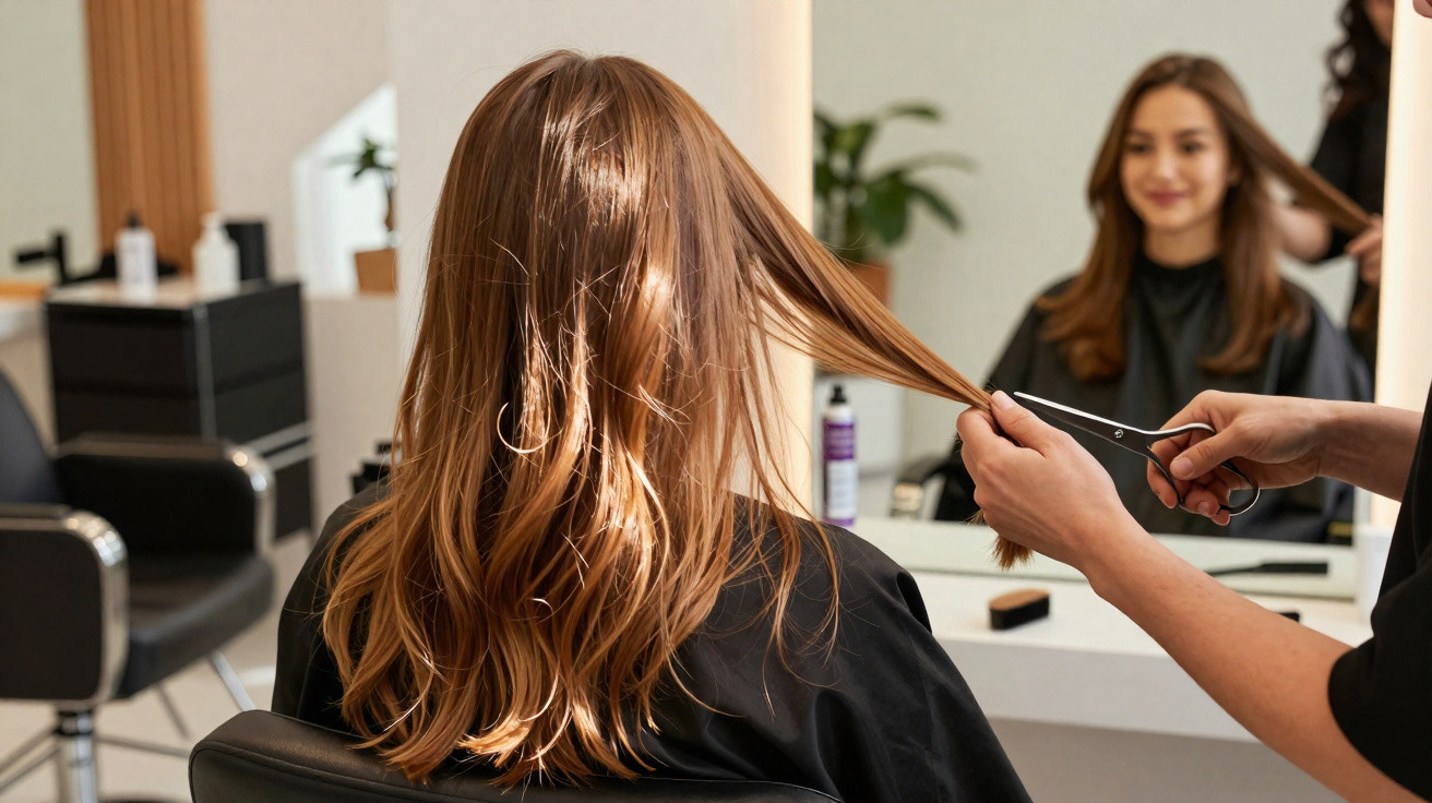 Mulher com cabelo comprido loiro sendo cortada por cabeleireiro em salão de beleza.