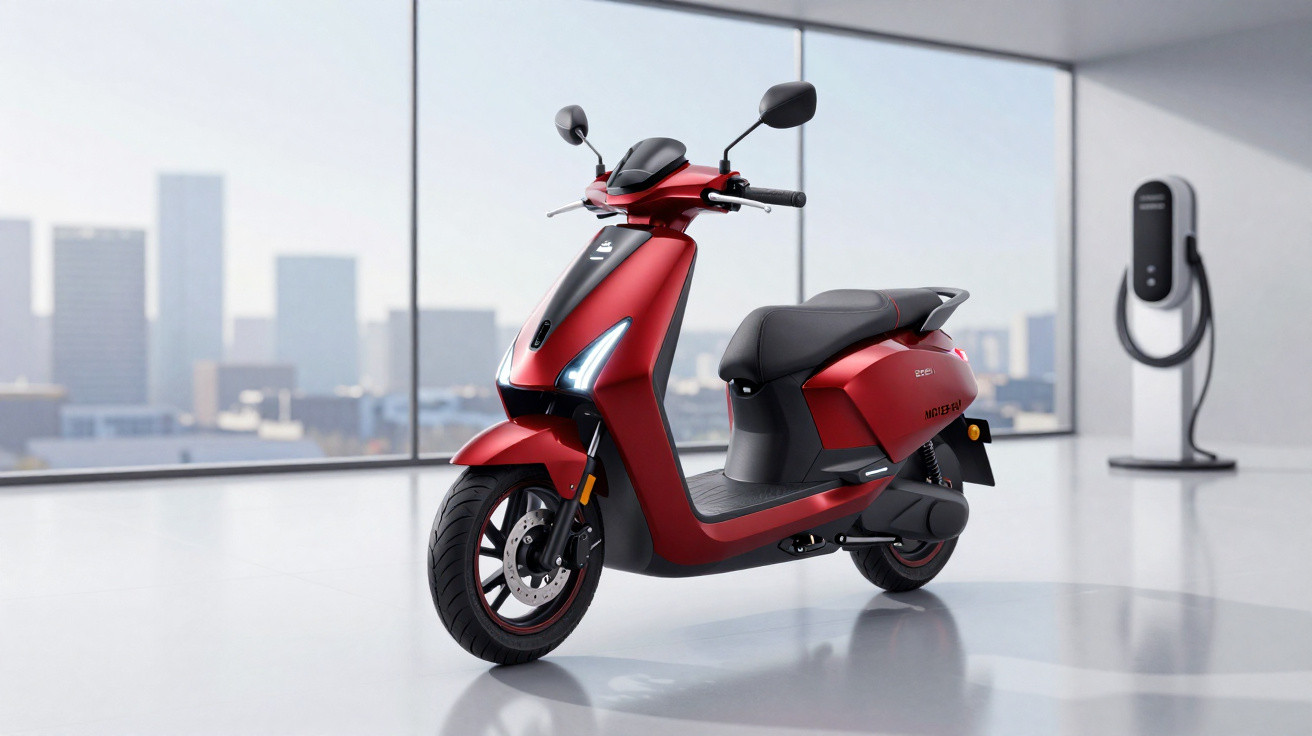 Scooter elétrica vermelha estacionada em ambiente interno moderno com estação de recarga ao fundo.
