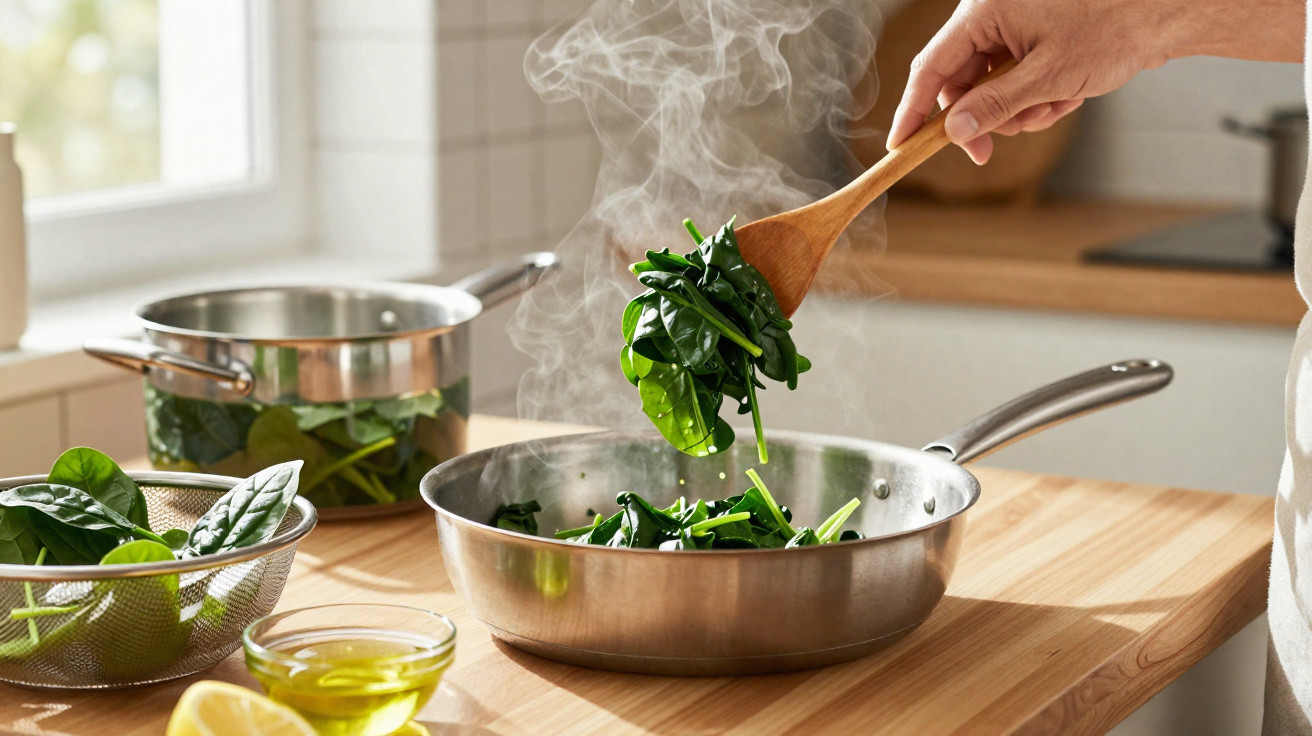 Mão mexendo espinafre cozinhando em frigideira com vapor, ao lado panelas, azeite e limão na bancada.