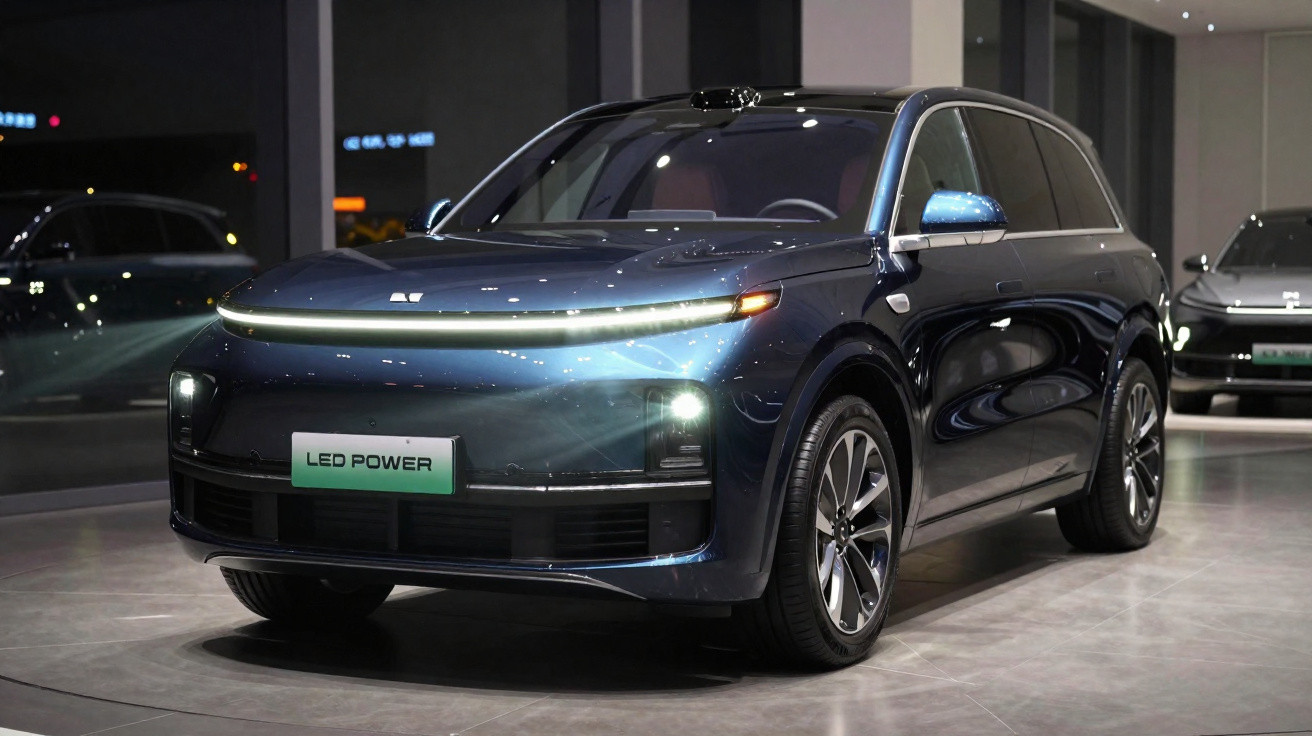 Carro SUV elétrico azul escuro com luzes LED em exposição em salão moderno.