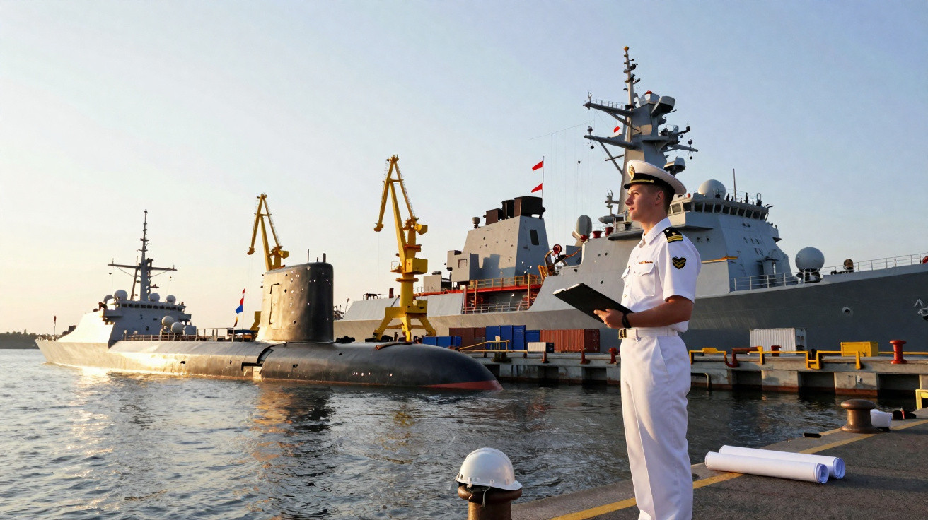 Oficial naval em uniforme branco observa submarino e navios de guerra atracados em porto ao pôr do sol.