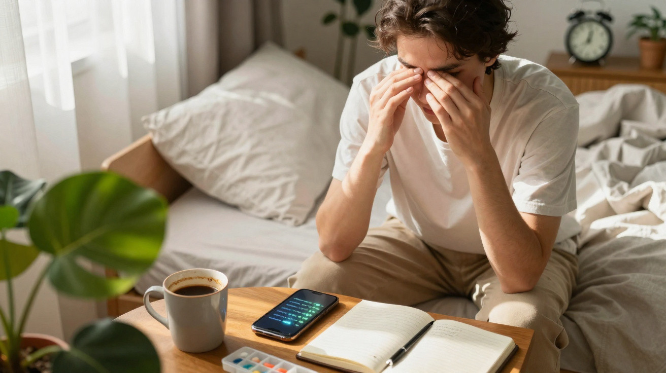 Homem sentado na cama esfregando os olhos, com café, remédios, celular e caderno à sua frente.