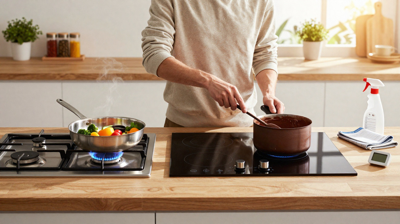 Pessoa cozinhando com legumes na frigideira e mexendo uma panela na cozinha moderna iluminada.
