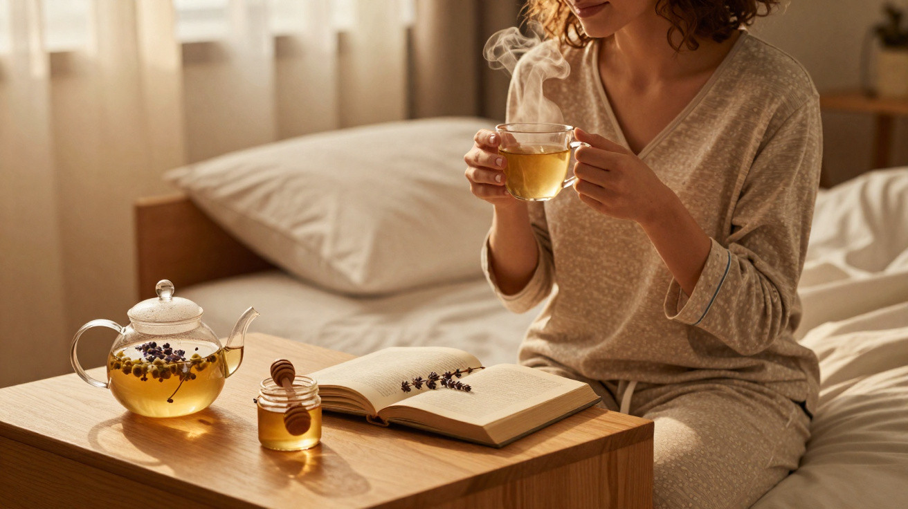 Mulher segurando xícara de chá quente sentada na cama com bule, mel e livro em mesa de madeira.
