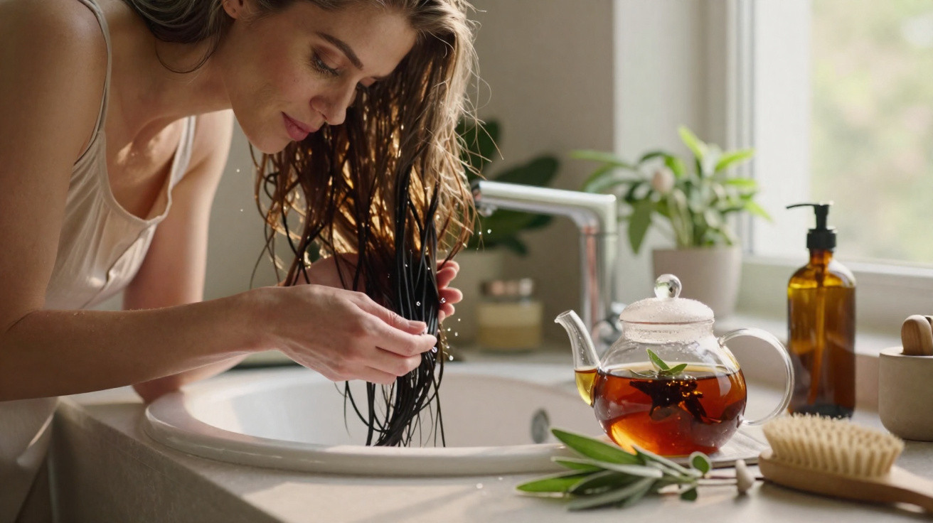 Mulher lavando o cabelo em uma pia de banheiro com bule de chá e plantas ao fundo.