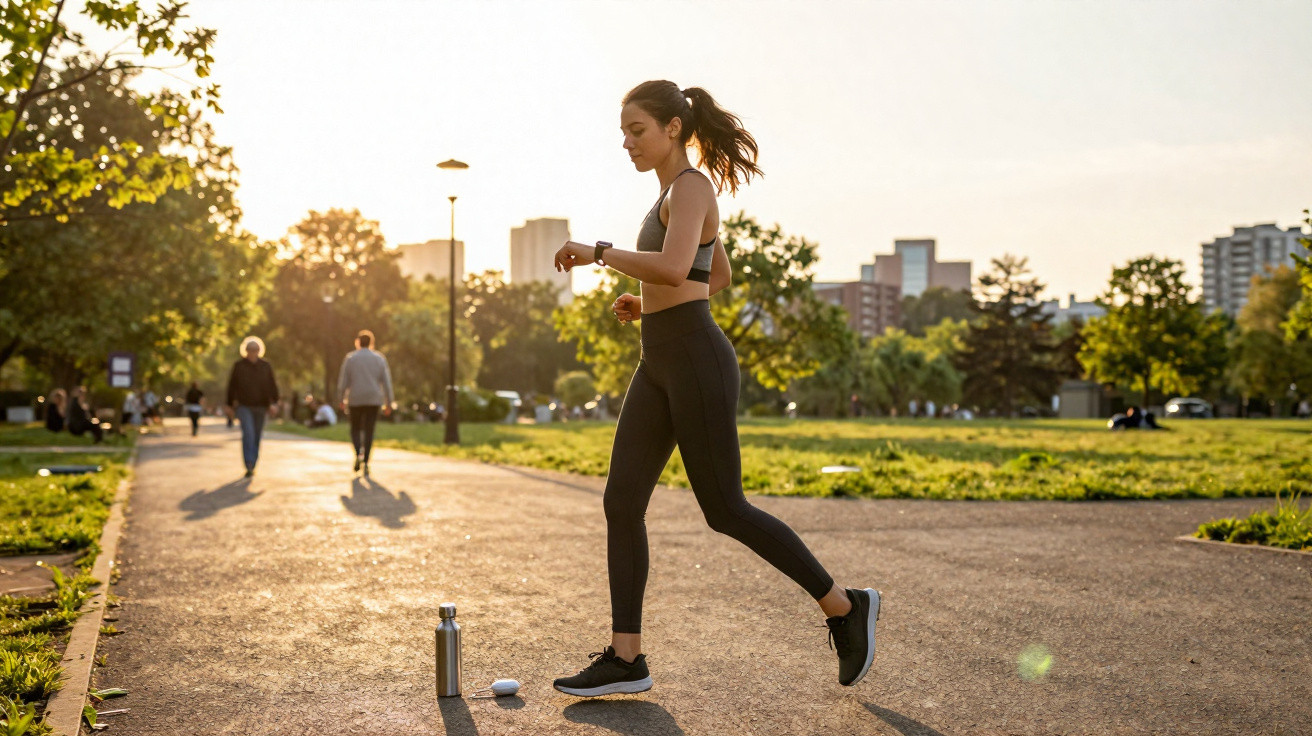 Mulher vestindo roupa de corrida verifica relógio durante exercício em parque urbano ao pôr do sol.