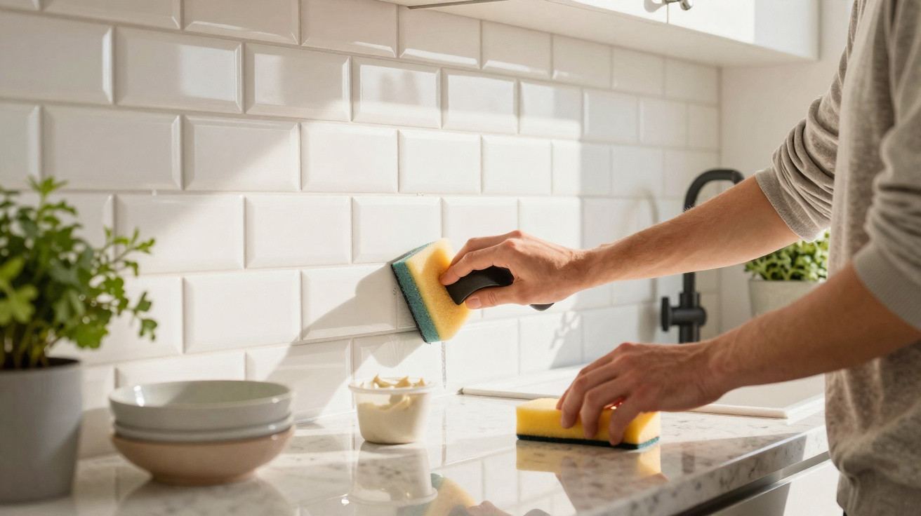 Pessoa limpando azulejos brancos da cozinha com esponja amarela e preta.