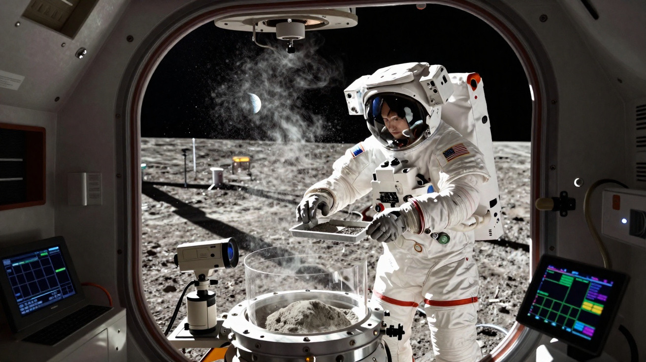 Astronauta coleta amostra lunar dentro de módulo com a Terra ao fundo no espaço.