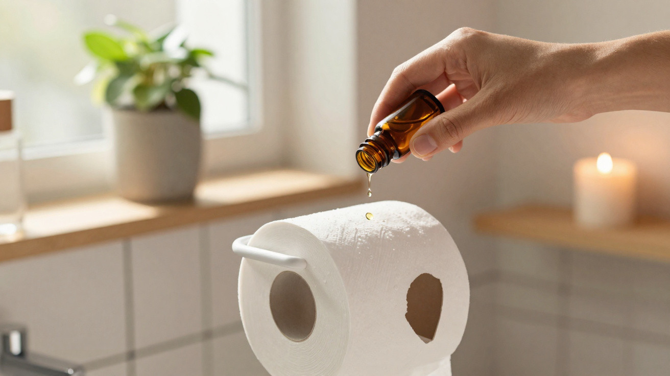 Mão pingando óleo essencial em papel higiênico próximo a planta e vela acesa em banheiro.