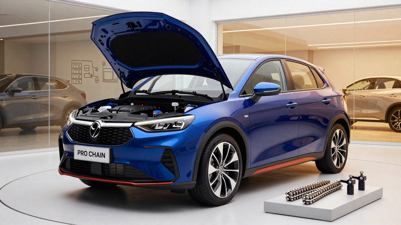 Carro azul com capô aberto em exposição, mostra motor e peças de corrente na frente, em ambiente interno.