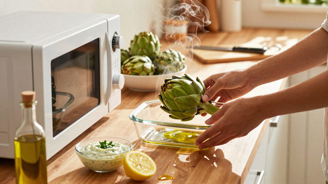 Mãos segurando alcachofra sobre assadeira com azeite em cozinha com micro-ondas e ingredientes ao fundo.