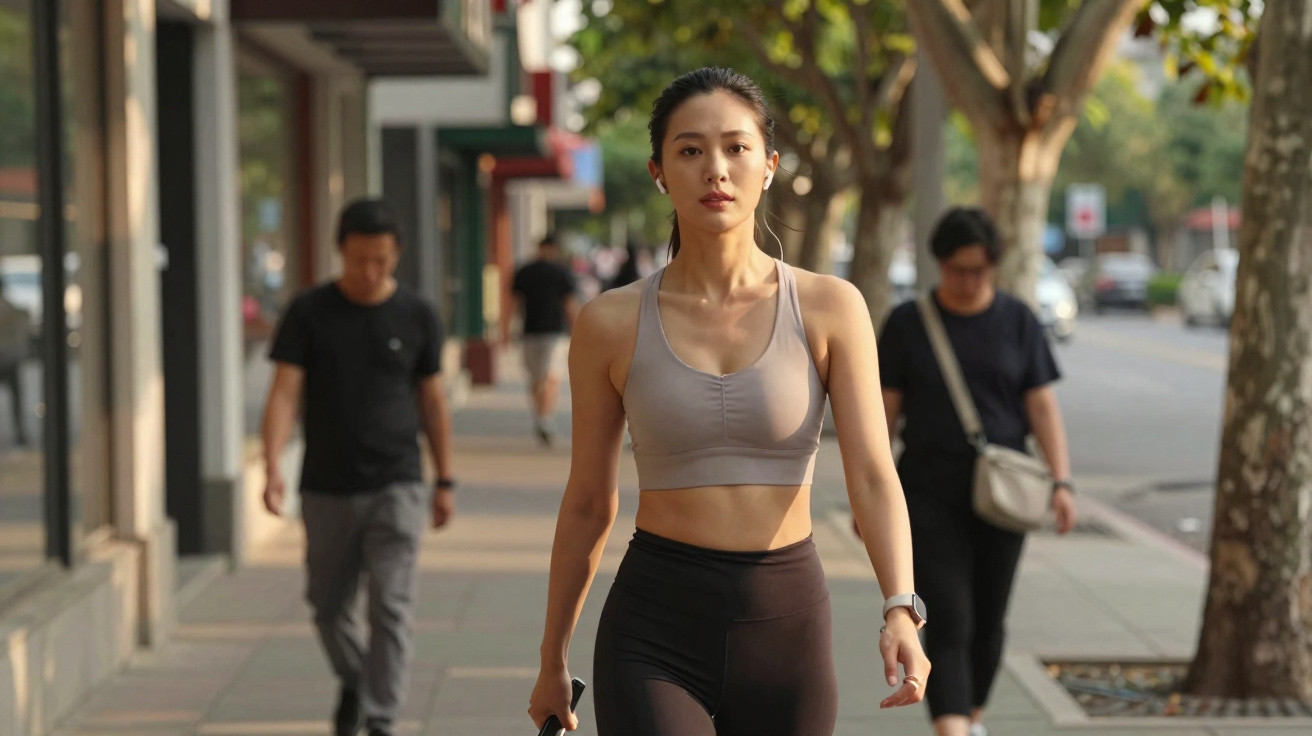 Mulher jovem caminhando na calçada urbana usando roupa esportiva e fones de ouvido, com pessoas ao fundo.