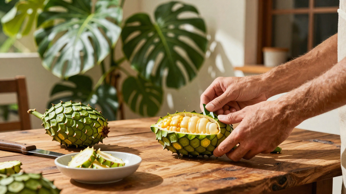 Pessoa cortando fruta exótica suculenta com casca verde e polpa amarela em cozinha iluminada.
