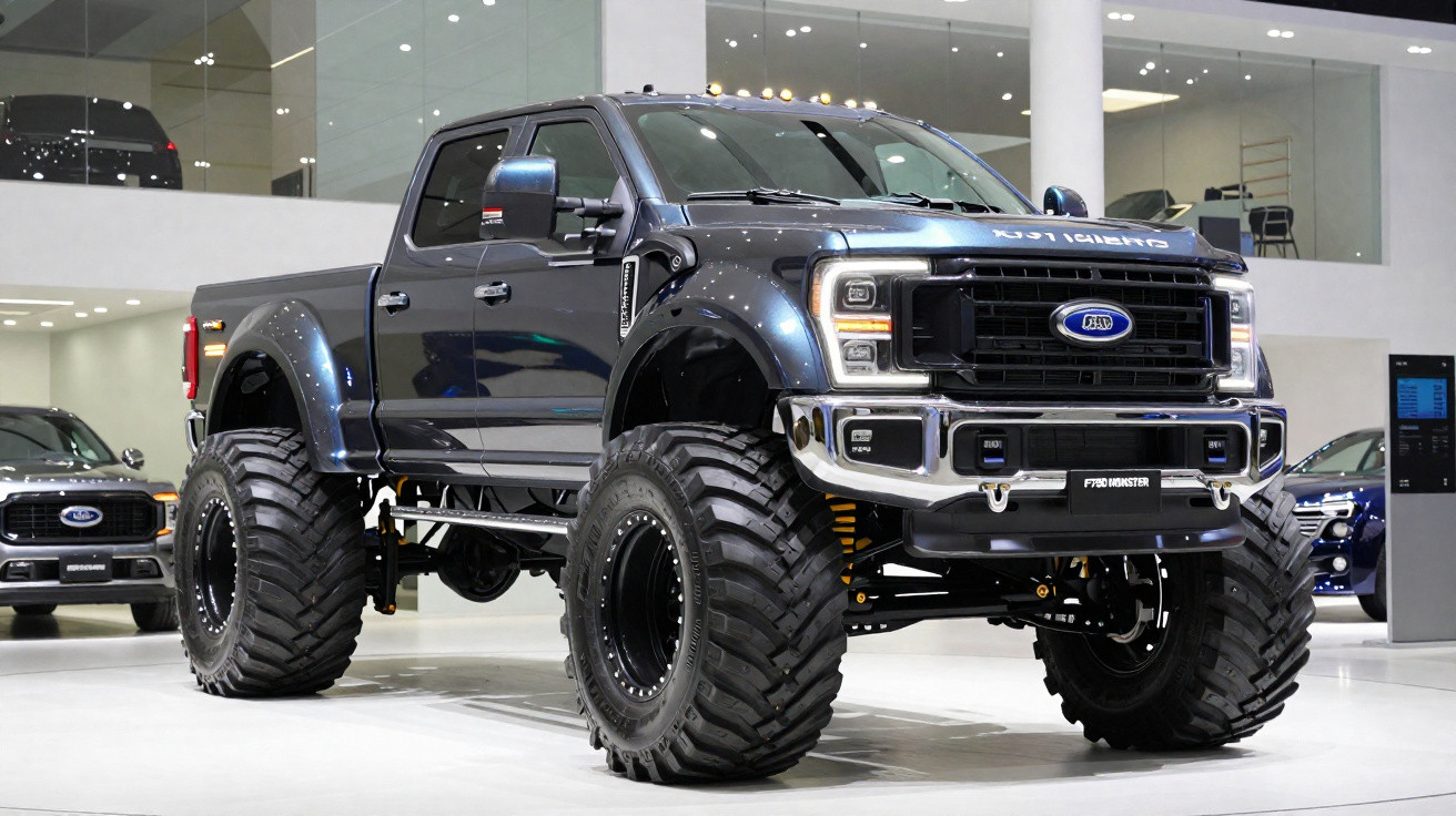Picape Ford preta com suspensão elevada e pneus grandes exposta em salão automotivo.