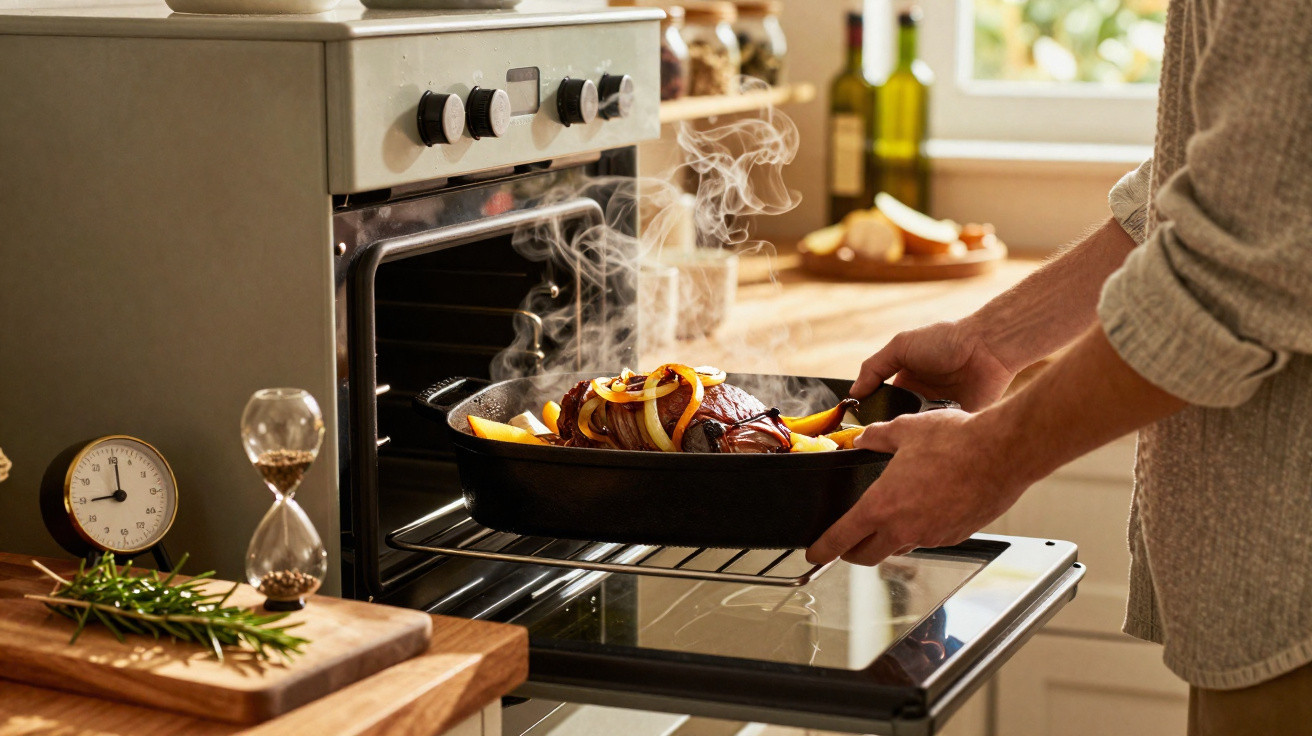 Pessoa retirando assado com batatas quentes e fumaça de forno em cozinha iluminada pela manhã