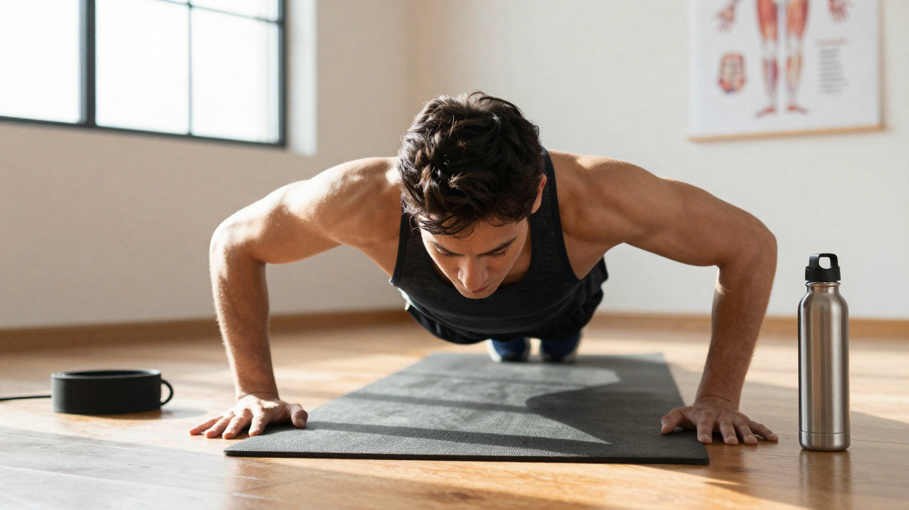 Homem em roupa esportiva fazendo flexão em tapete de yoga em ambiente iluminado e ventilado.
