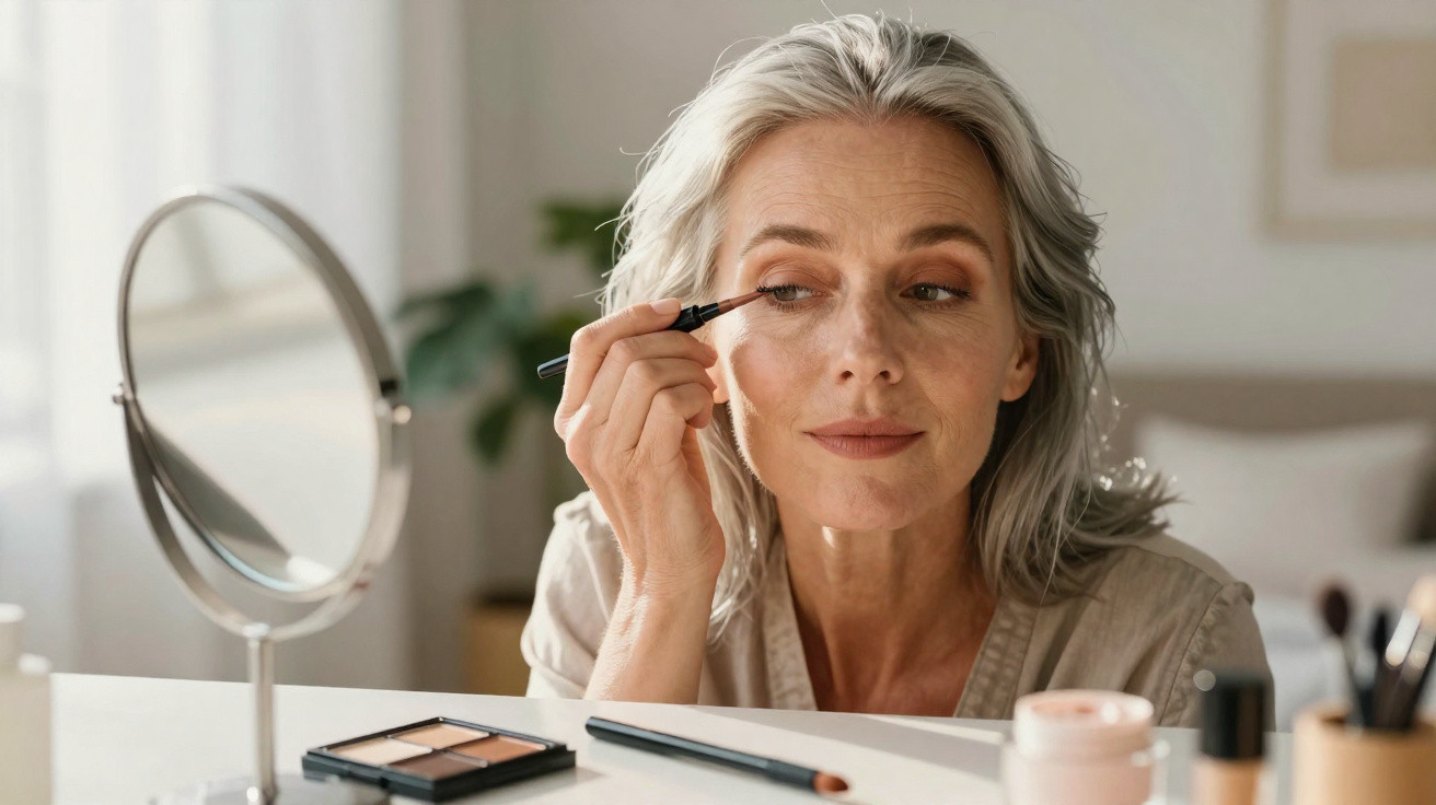 Mulher madura aplicando maquiagem nos olhos sentada à mesa com espelho e produtos de beleza.