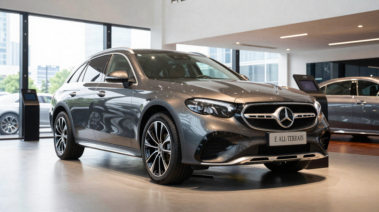 Carro Mercedes-Benz E All-Terrain cinza estacionado em showroom com piso brilhante e paredes de vidro.