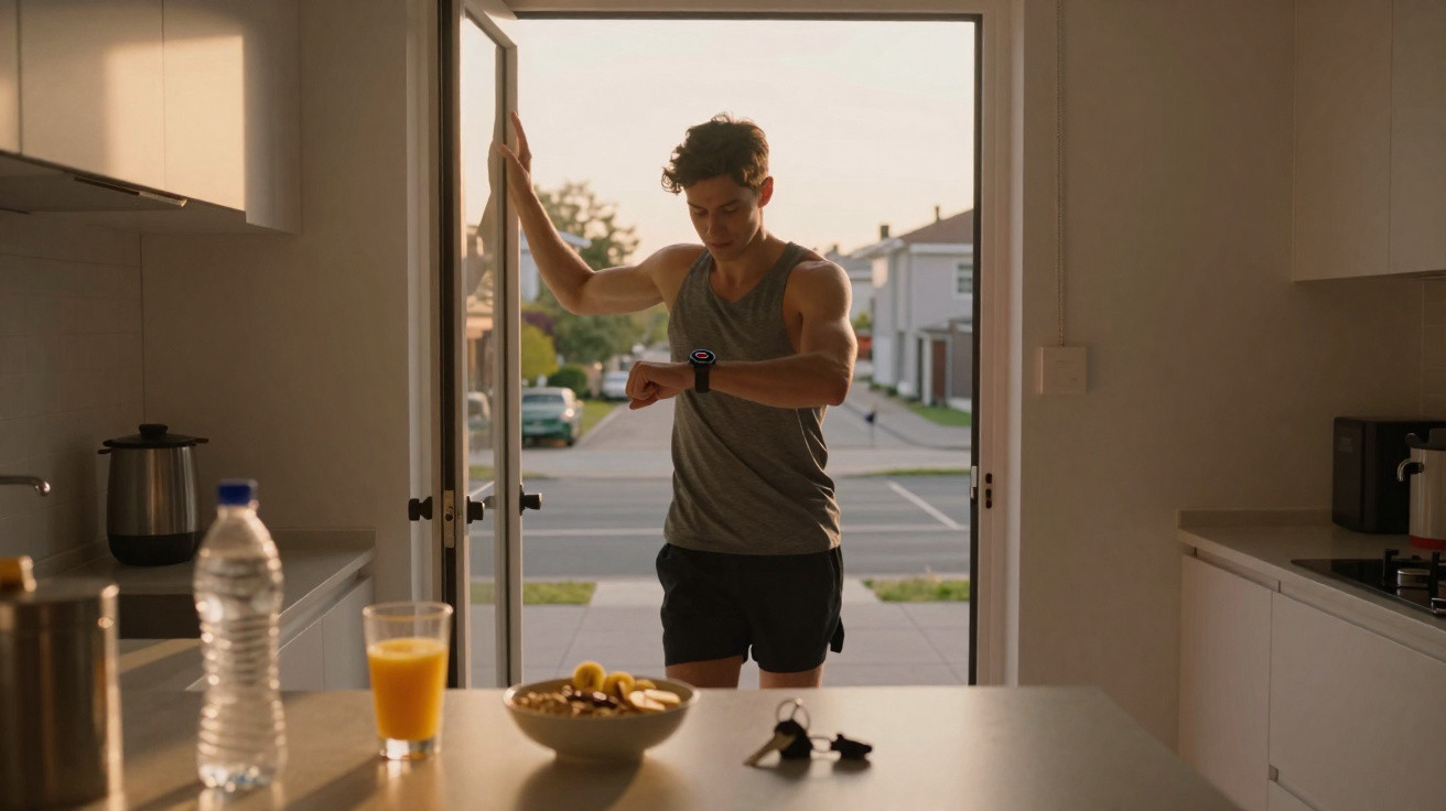 Homem vestindo regata e shorts vendo relógio inteligente na porta de casa ao amanhecer.