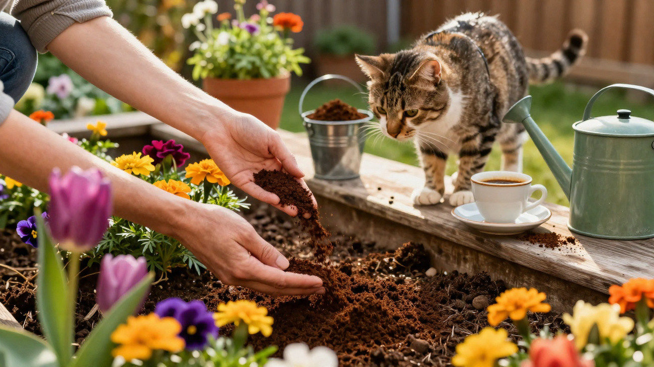 Mãos mexendo na terra em jardim com flores coloridas, gato observando, regador e xícara de café ao lado.