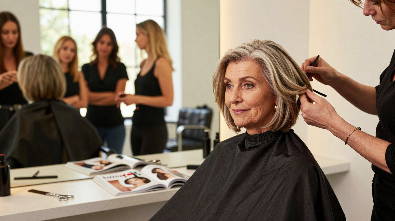 Mulher idosa recebendo penteado em salão de beleza com cabeleireira e quatro mulheres ao fundo.