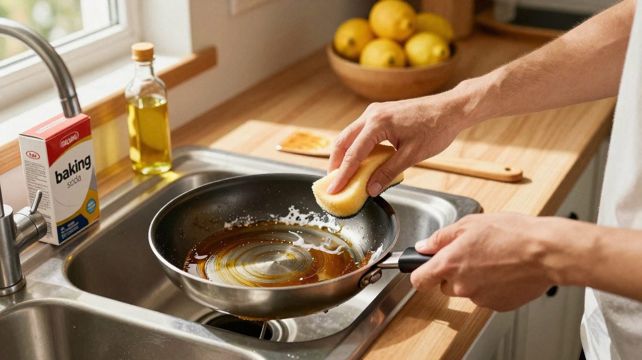 Pessoa lavando frigideira suja com esponja ao lado da pia e utensílios de cozinha.