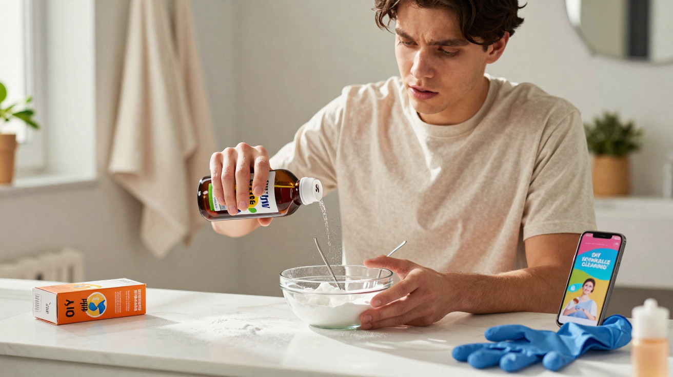 Homem prepara mistura de cola e ativador para fazer slime em cozinha clara.