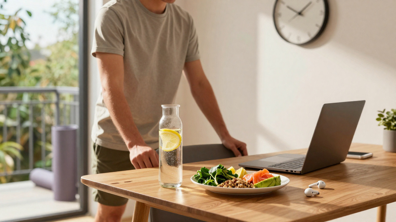 Homem em pé perto de mesa com prato de comida saudável, garrafa de água com limão e notebook.