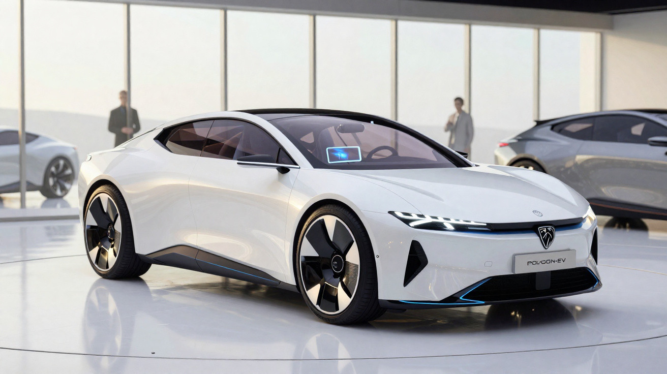 Carro elétrico branco futurista com design aerodinâmico exposto em showroom moderno com vidro.