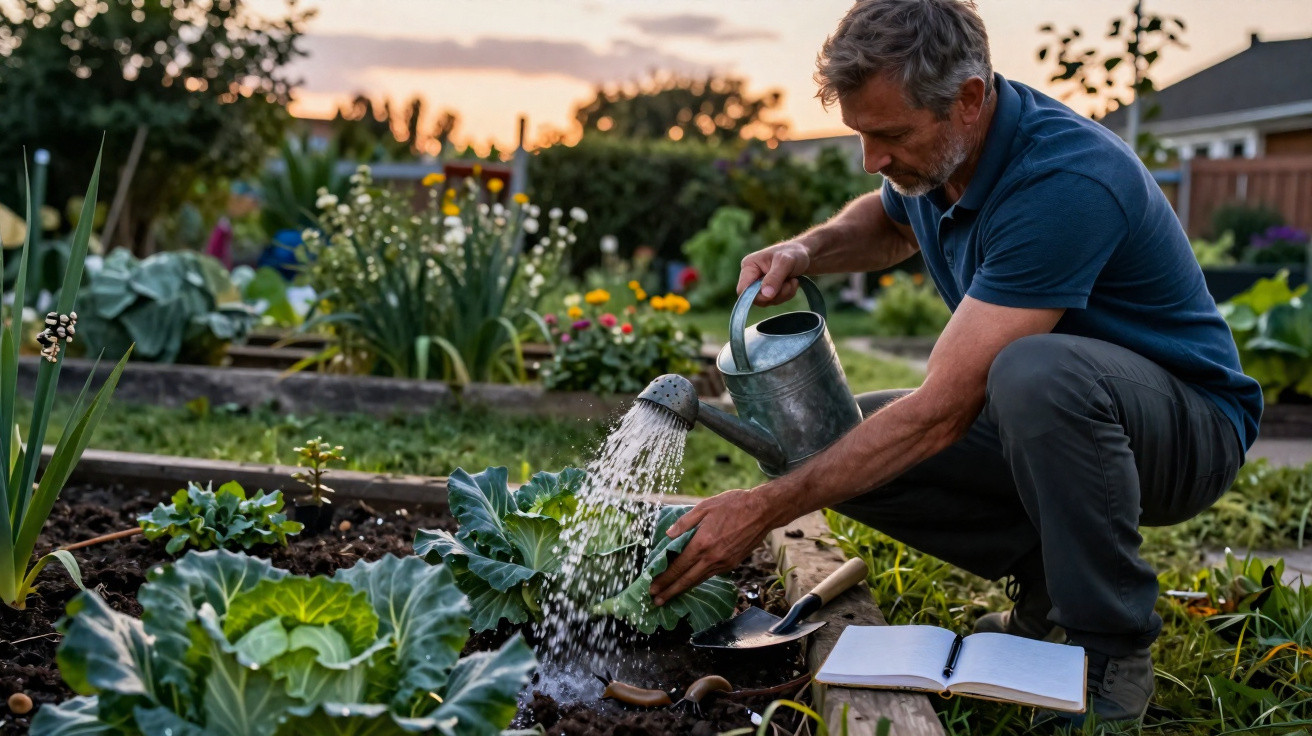 Homem regando plantas em jardim ao entardecer com caderno aberto ao lado.