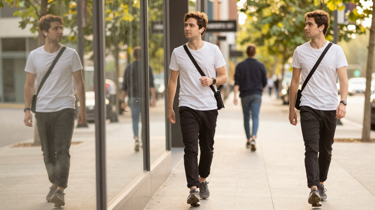 Jovem caminhando na calçada de rua urbana com camiseta branca, calça preta e bolsa transversal.