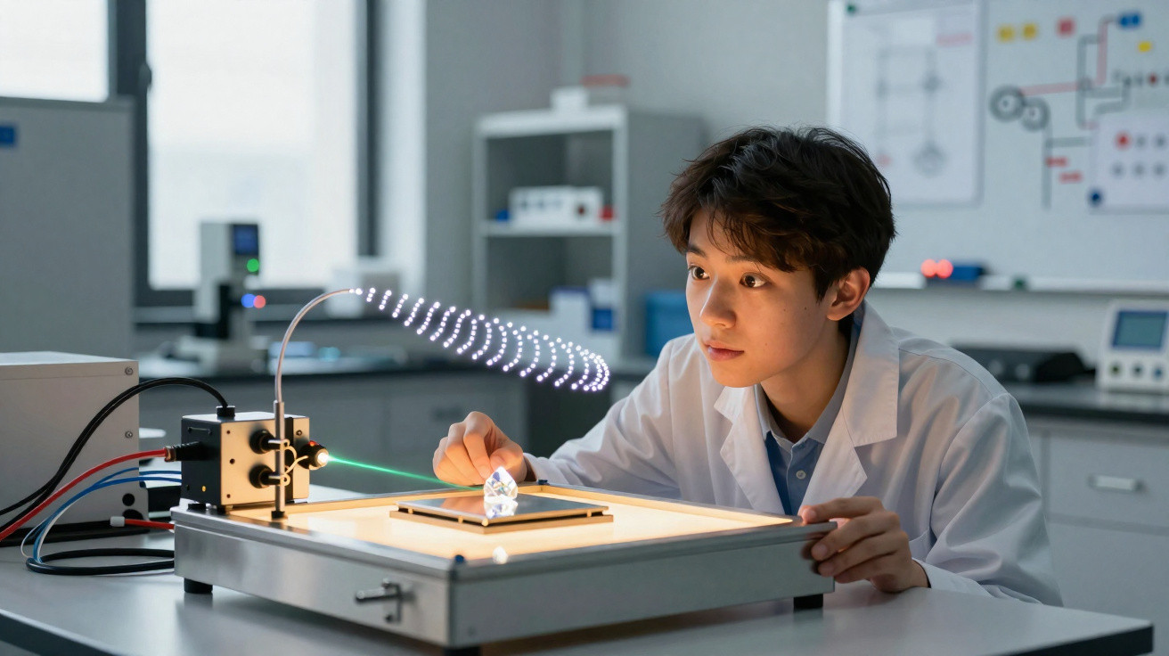 Jovem cientista observa experimento com laser e holograma em laboratório moderno.