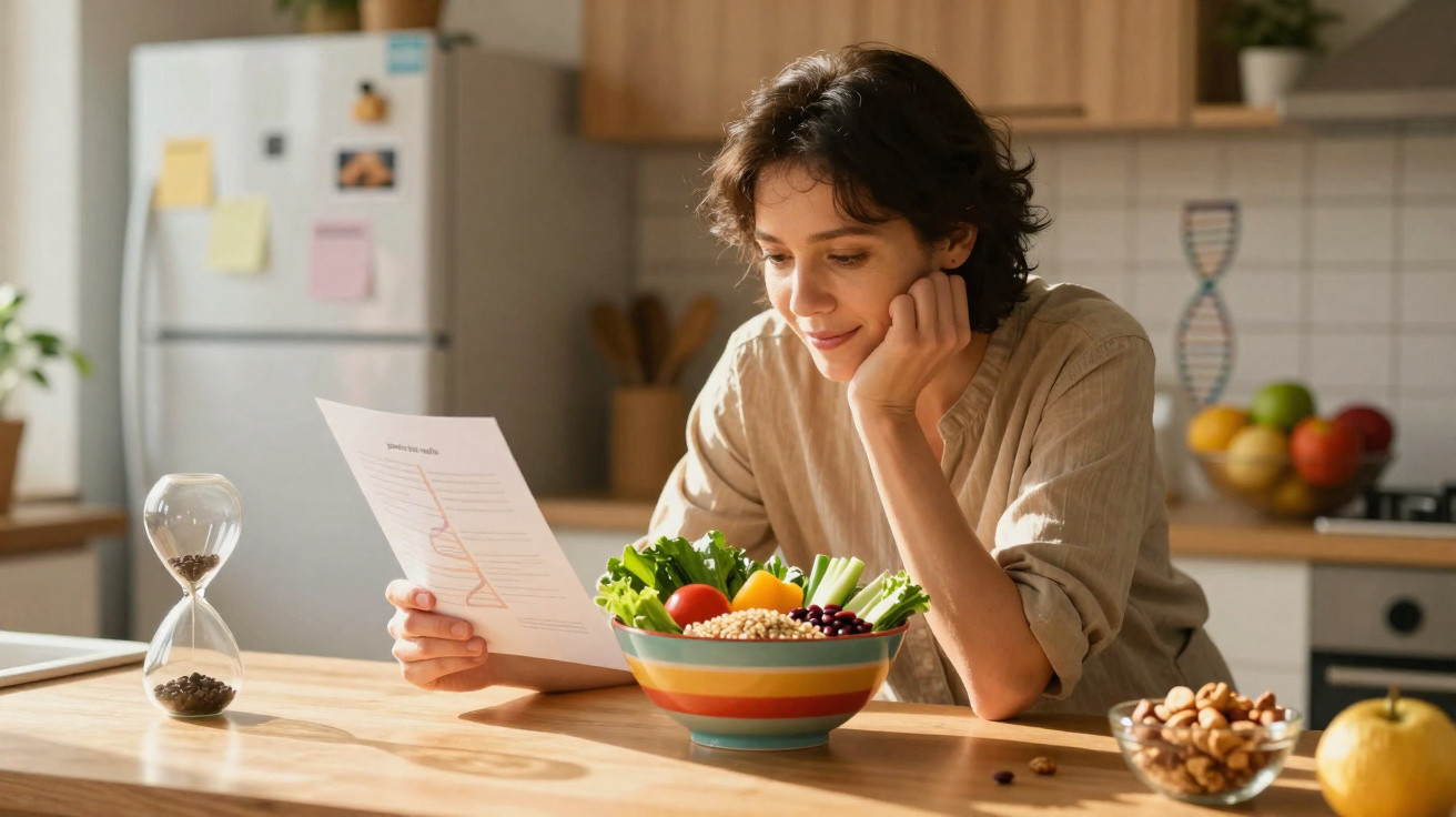Mulher lendo documento sentada à mesa com tigela de salada e ampulheta na cozinha iluminada.
