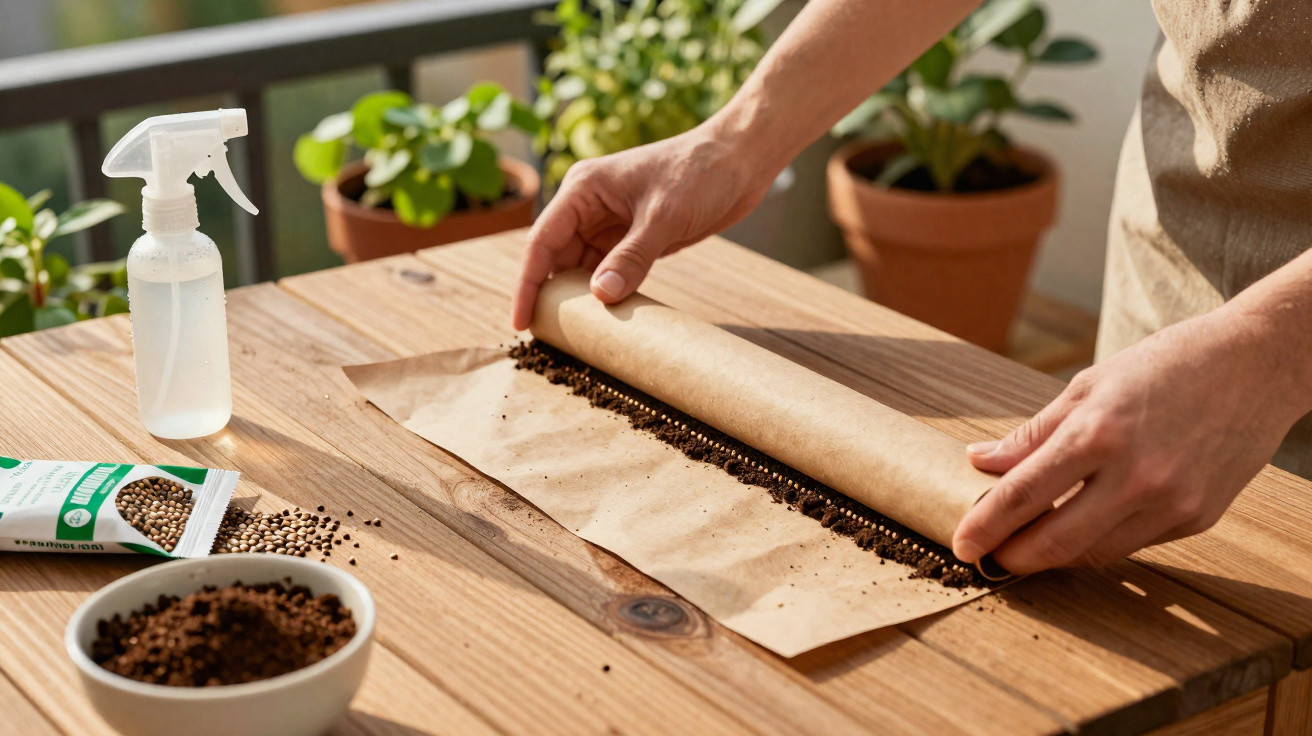 Mãos enrolando papel com sementes para plantio em mesa de madeira com regador e plantas ao fundo.