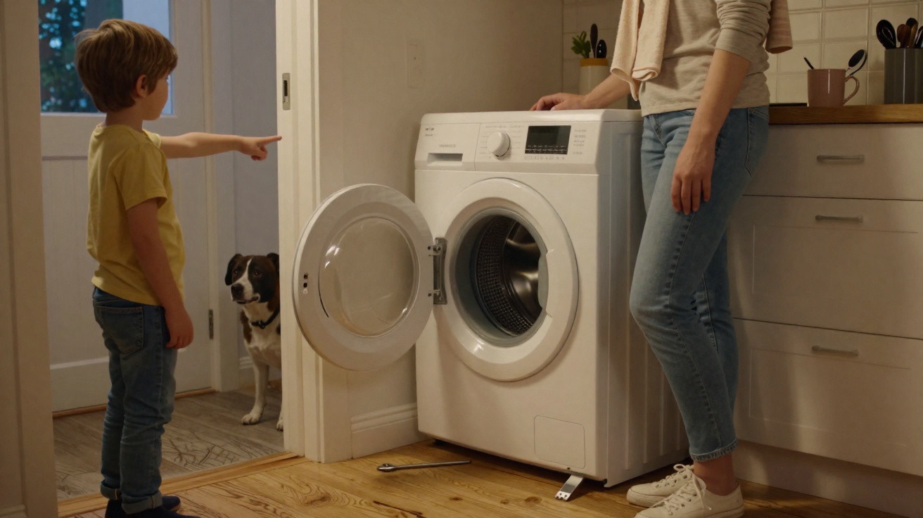 Criança apontando para máquina de lavar aberta com adulto ao lado e cachorro observando na porta ao fundo.