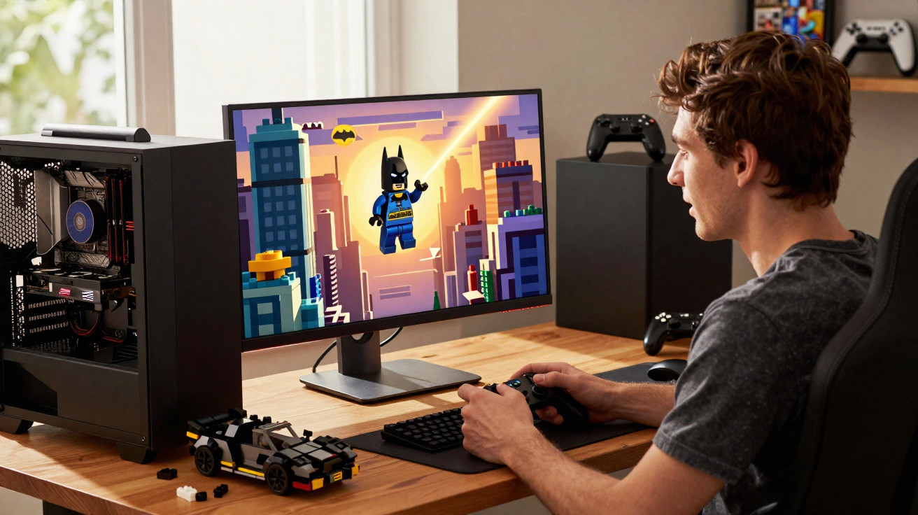 Jovem jogando videgame de Lego Batman no computador em mesa com brinquedo de carro Lego preto.