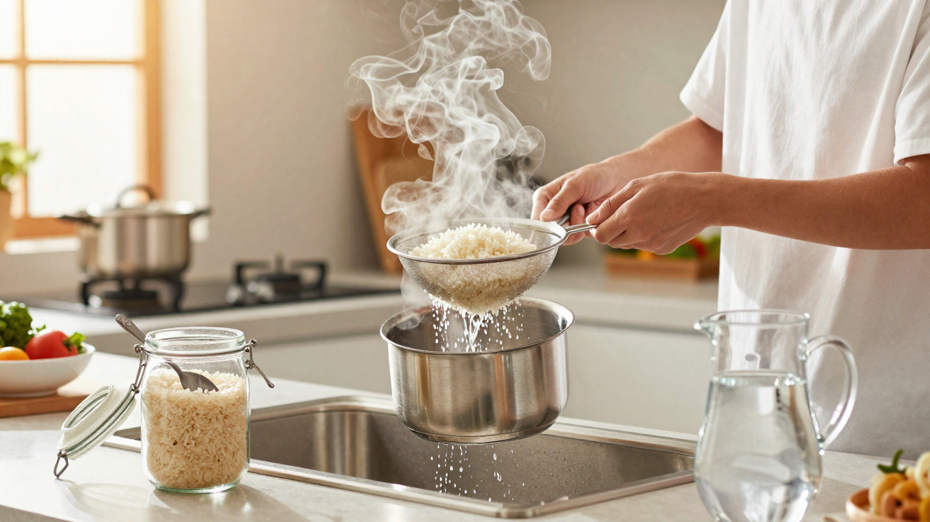 Pessoa escorrendo arroz cozido em uma panela sobre pia em cozinha moderna e iluminada.