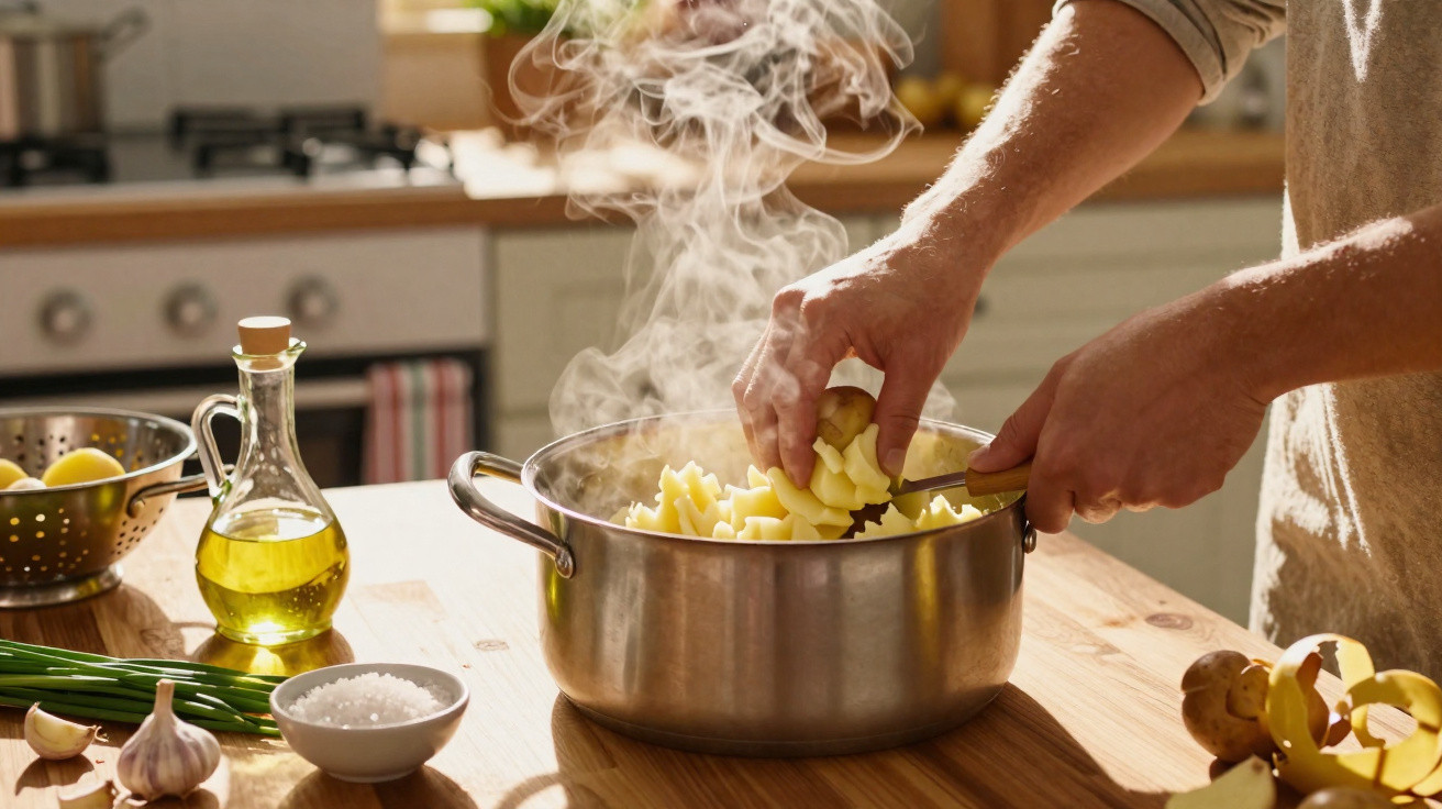 Pessoa adicionando batatas em panela com vapor em cozinha caseira iluminada pelo sol.