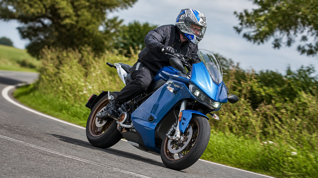 Motociclista com capacete e roupa preta pilotando moto azul em curva de estrada rural.