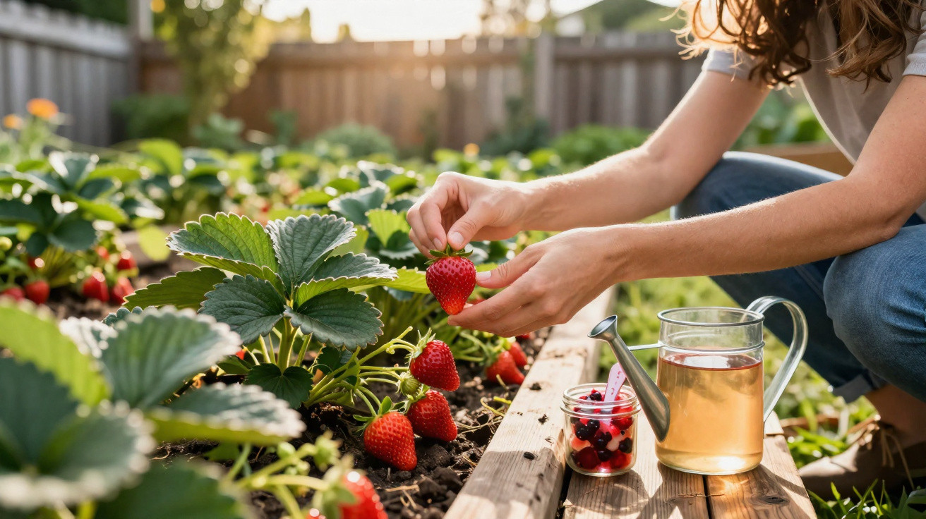 Pessoa colhendo morango em plantação orgânica com regador e pote de frutas ao lado.